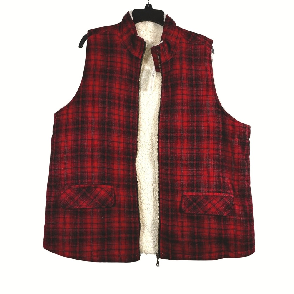 Red Plaid Faux Fur Lined Vest Plus Size 1X Cozy Cabin Core Buffalo Check NWT